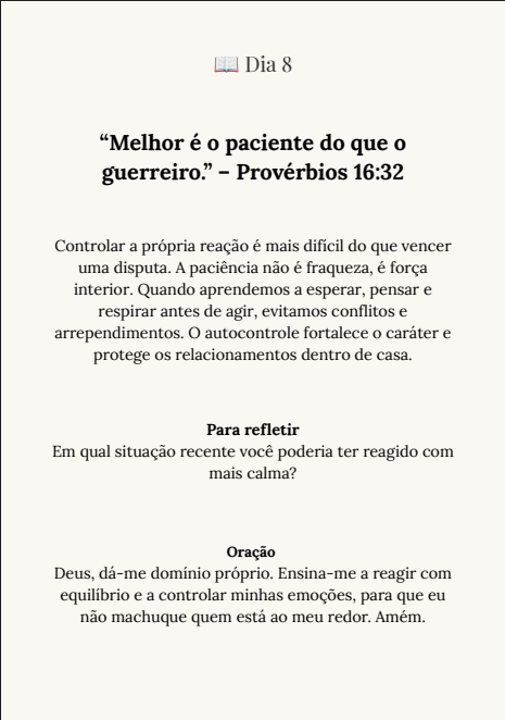 Página do Dia 8 do devocional — Provérbios 16:32, reflexão sobre paciência e oração