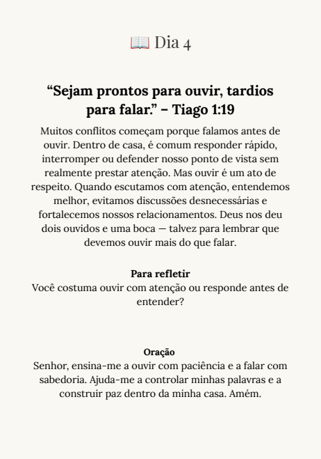 Página do Dia 4 do devocional — Tiago 1:19, reflexão sobre ouvir e oração