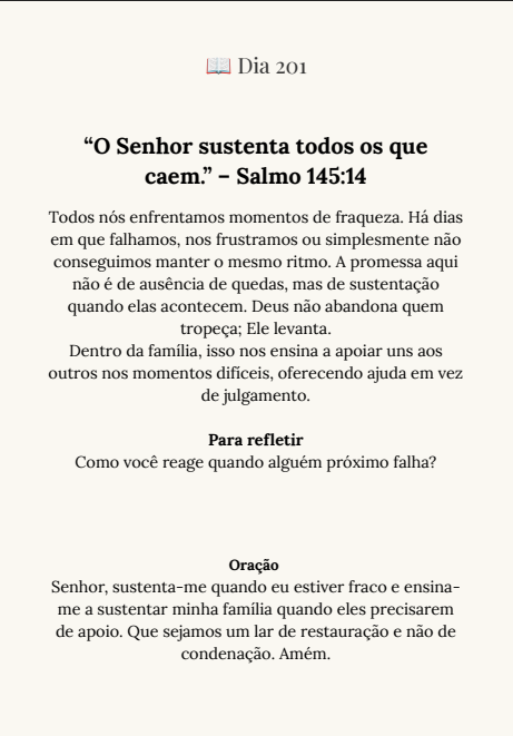 Página do Dia 201 do devocional — Salmo 145:14, reflexão sobre sustento e oração